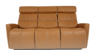 Brown leather recliner sofa with three seats.