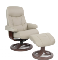 Tan leather recliner chair with matching ottoman, on dark wooden bases.