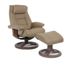 Tan leather recliner chair with matching ottoman, on dark wooden bases.
