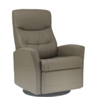 Tan leather recliner chair, likely in a living room setting, with a swivel base.