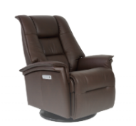 Brown leather recliner chair with padded arms and headrest.