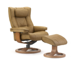 Brown leather recliner chair with matching footstool on wooden swivel bases.