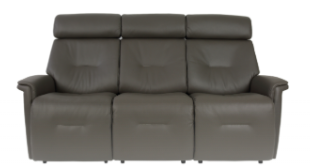 Gray leather reclining sofa with three adjustable headrests.