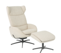 Cream-colored recliner chair with matching footstool on a black, star-shaped base.
