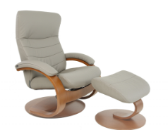 Gray leather recliner chair and footstool with wooden base.