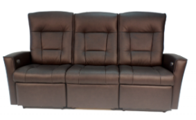 Dark brown leather recliner sofa with three seats.