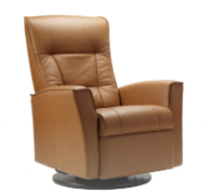 Tan leather recliner chair, tall back, on a swivel base.