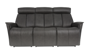 Gray leather reclining sofa with three seats and headrests.