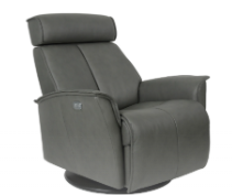 Gray leather recliner chair with swivel base.