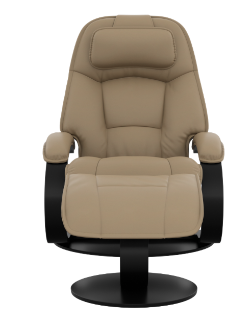 Tan leather recliner chair with black base.