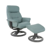 Blue swivel recliner chair with matching footstool on white background.