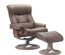 Brown leather recliner chair with matching footstool on a light background.