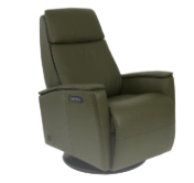 Olive green leather recliner chair with headrest and armrests on a swivel base.