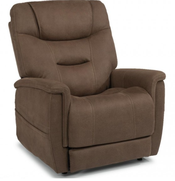 Brown leather lift recliner chair on a black metal base.