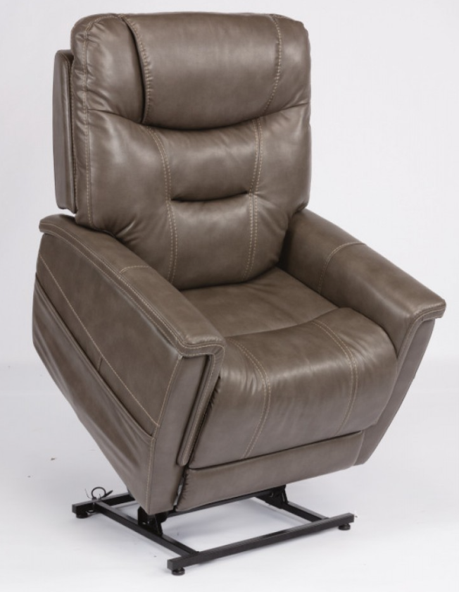 Brown leather lift recliner chair on a black metal base.