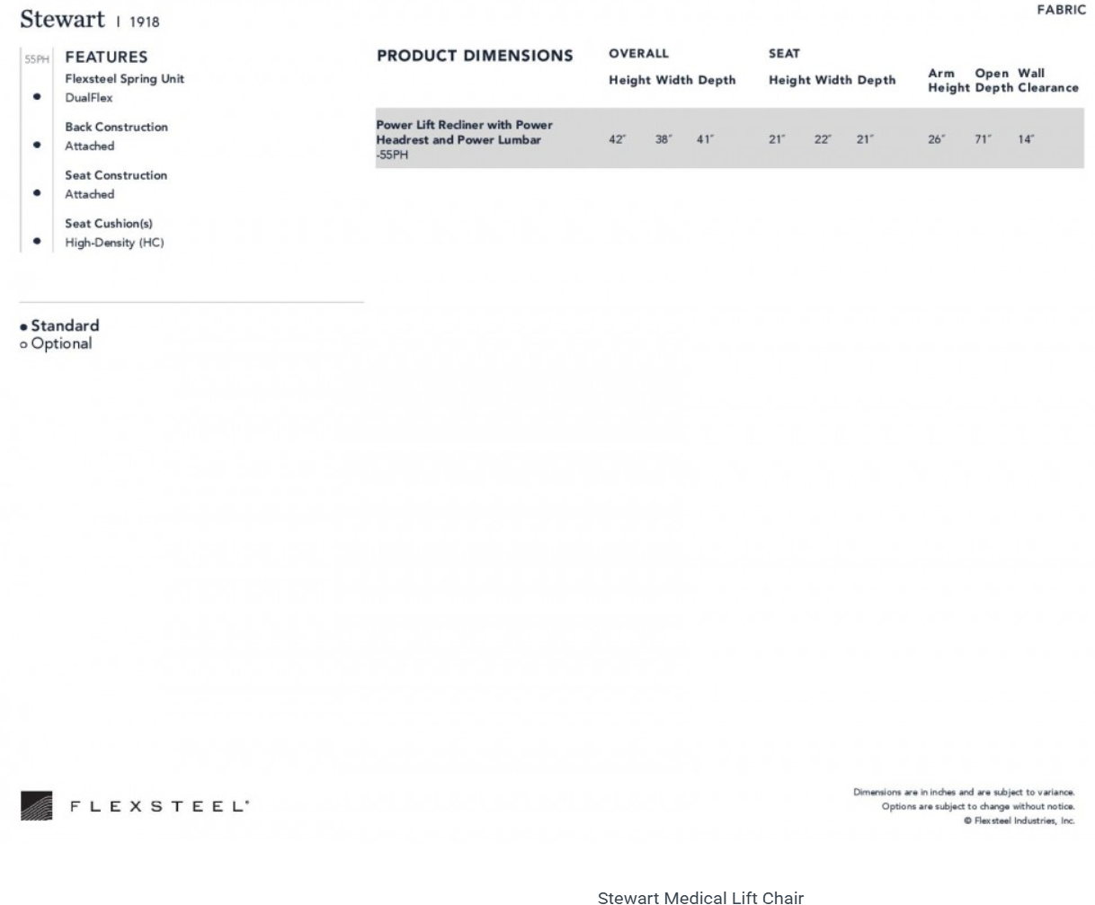 Brown leather lift chair with headrest, armrests, and a black base.