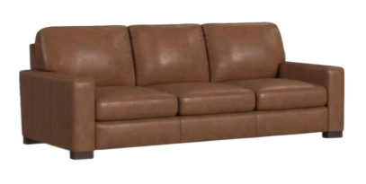 A three-seater brown leather sofa with block-style arms and dark wooden feet against a white background.
