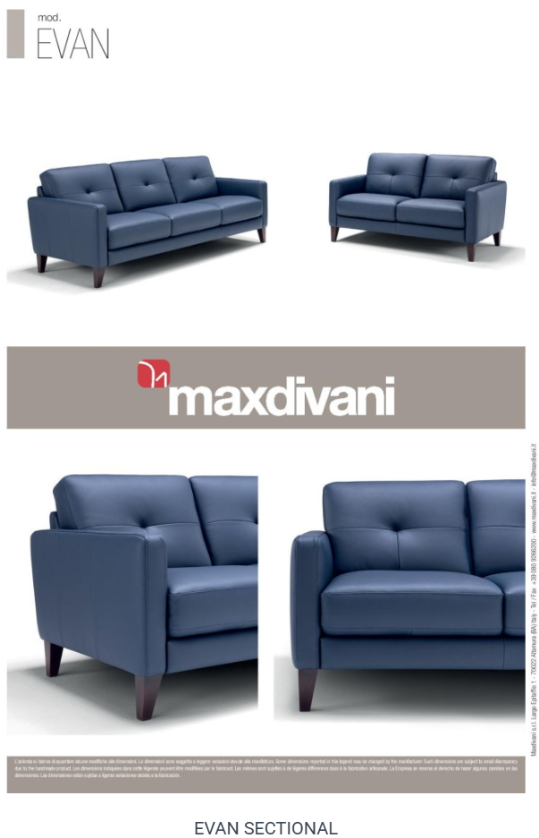 Blue three-seater sofa with wooden legs and button-tufted backrests, set against a white background.
