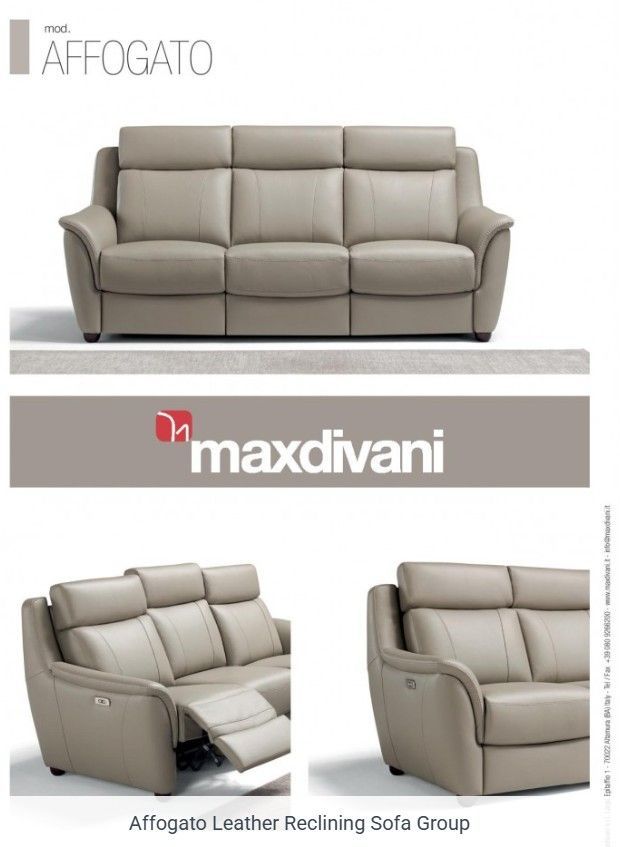 Gray leather three-seat sofa with individual headrests, against a white background.