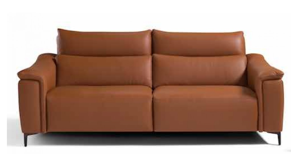 Brown leather two-seater sofa with adjustable headrests, black legs, and a neutral background.