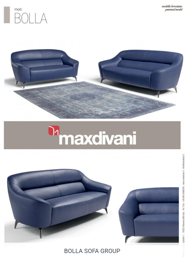 Blue leather sofa with curved arms and metal legs.