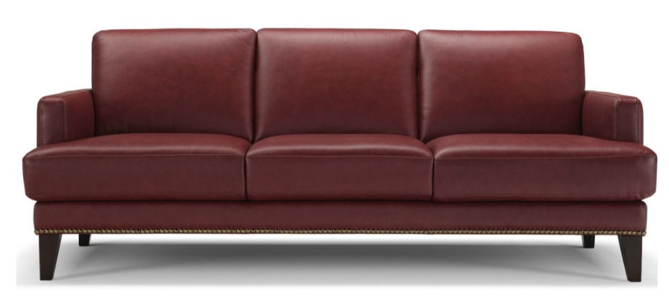 A three-seat leather sofa in a deep red color, with square cushions and dark wooden legs.