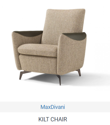 Beige Kilt Chair by MaxDivani, dark arms, angled metal legs.