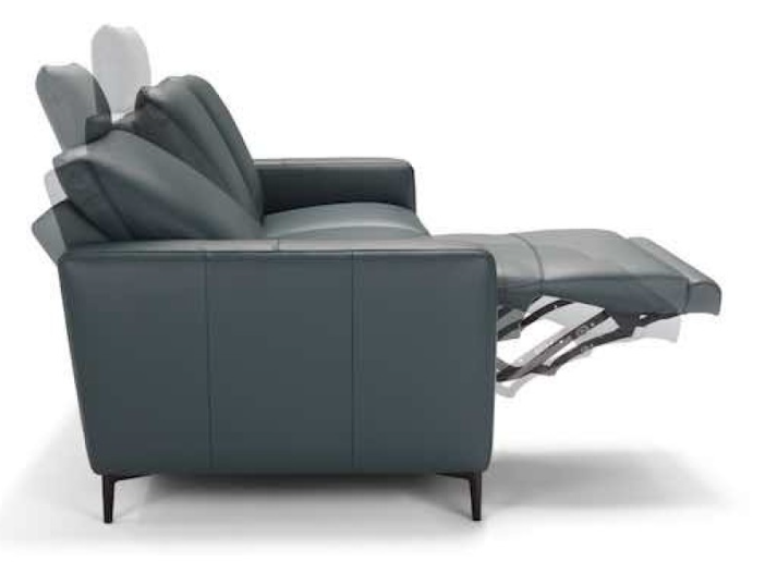 Blue leather three-seat sofa with square cushions and low arms, on a white background.