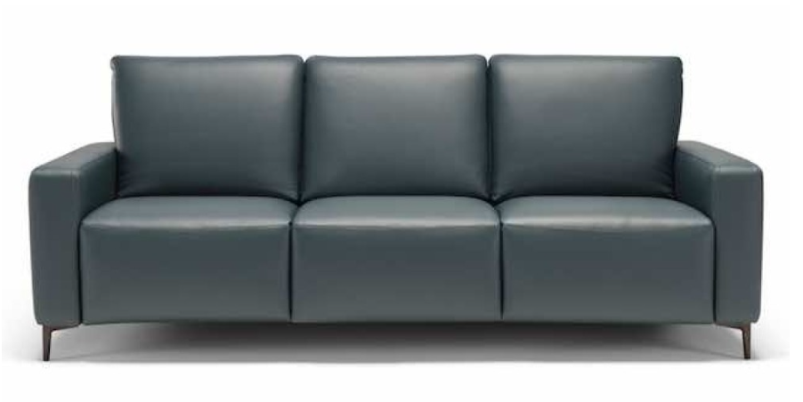 Blue leather three-seat sofa with square cushions and low arms, on a white background.