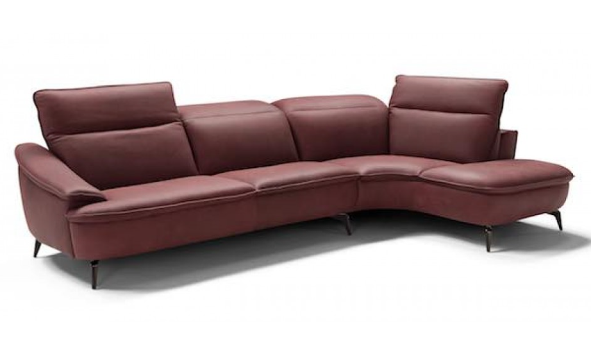 Red two-seater sofa with angled arms and back, on black legs.