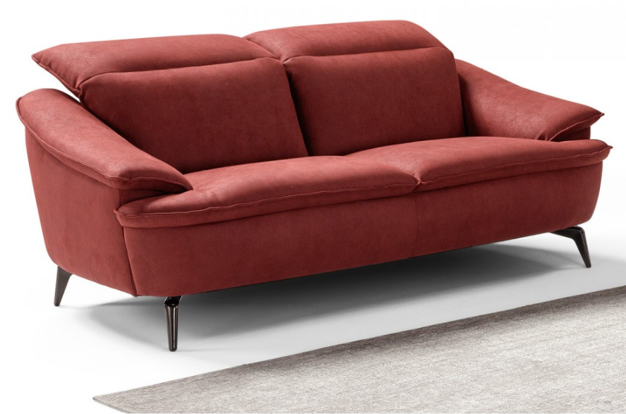 Red two-seater sofa with angled arms and back, on black legs.