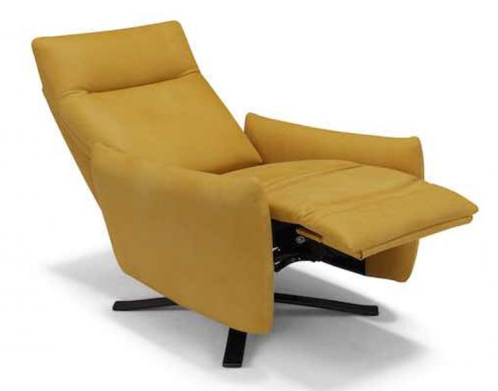Yellow swivel armchair with a tall back.