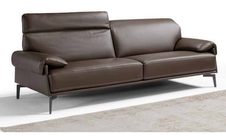 Brown leather sofa with adjustable headrest, metal legs, on a light rug.