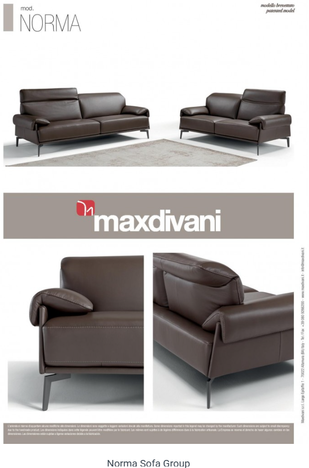 Brown leather sofa with adjustable headrest, metal legs, on a light rug.