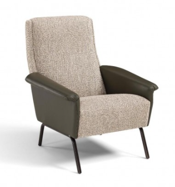 Blue upholstered swivel armchair with black armrests and silver base.