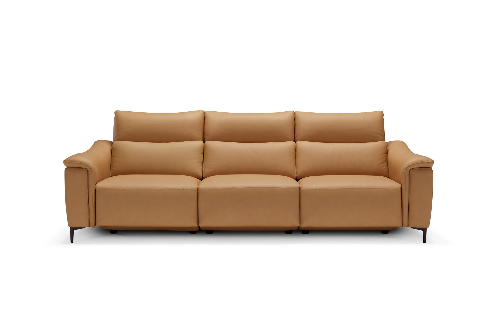 Tan leather recliner sofa with three sections on a white background.