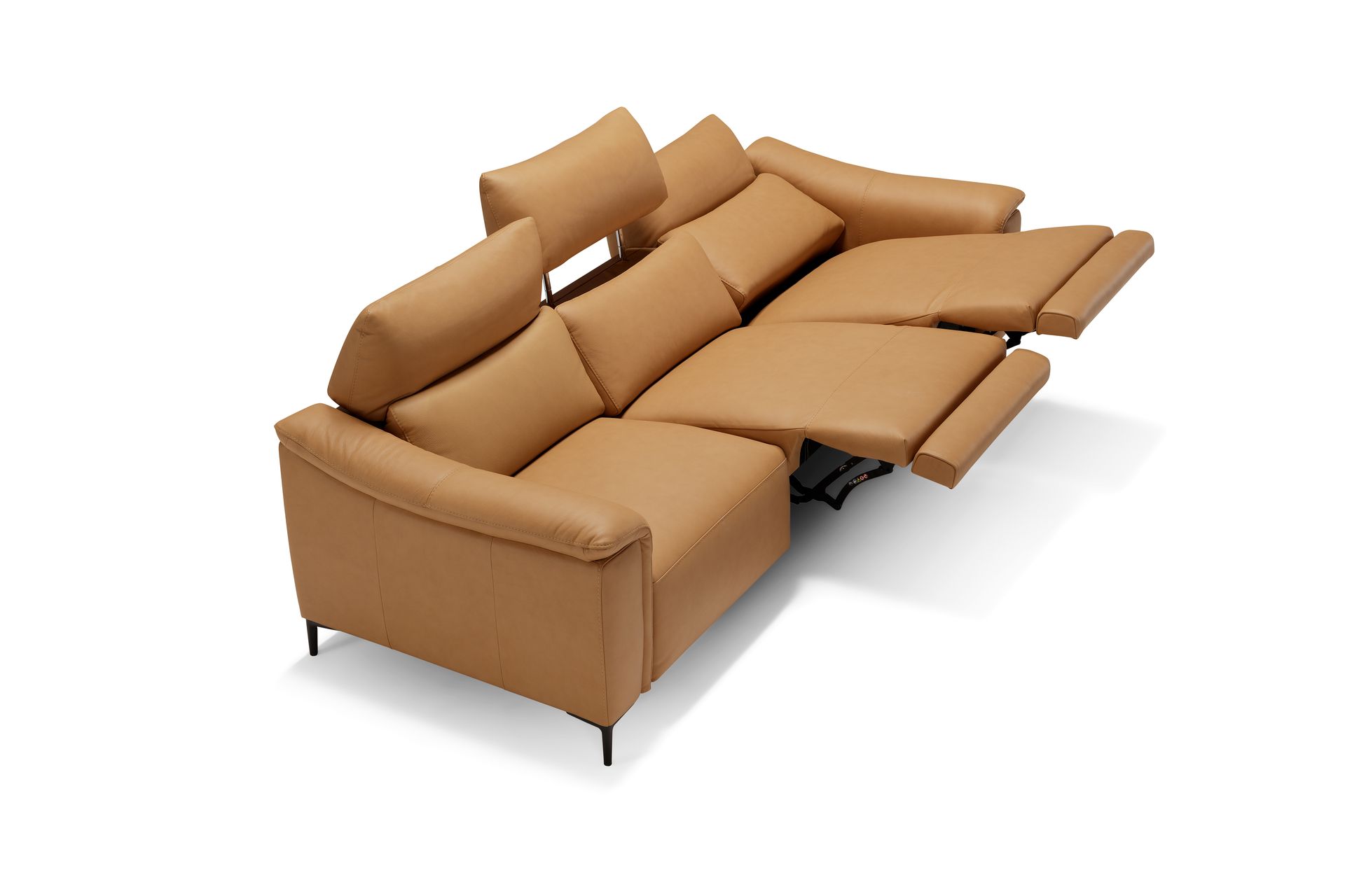 Tan leather recliner sofa with three sections on a white background.