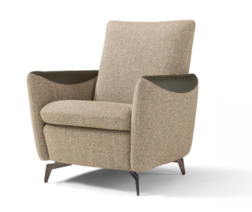 Beige Kilt Chair by MaxDivani, dark arms, angled metal legs.