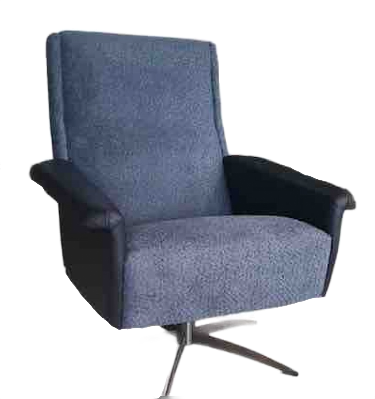 Blue upholstered swivel armchair with black armrests and silver base.