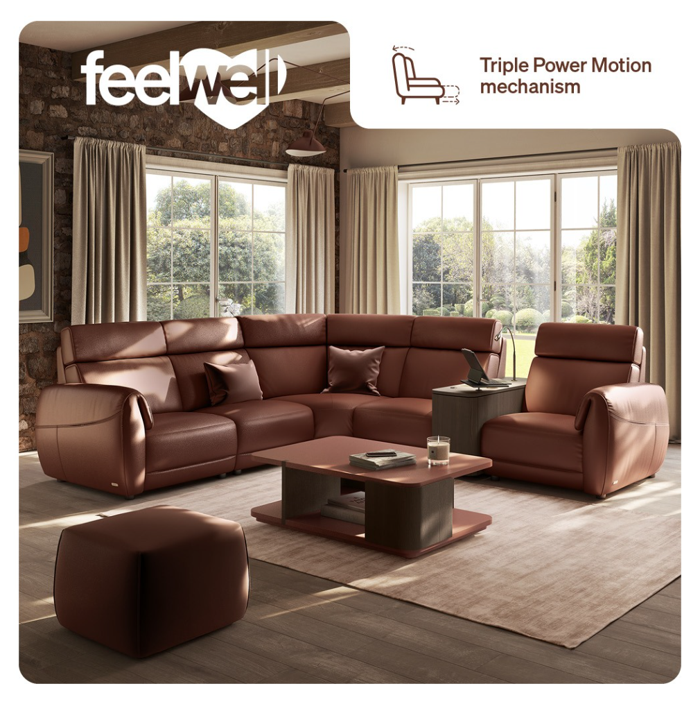 Brown leather sectional sofa and armchair in a living room setting.