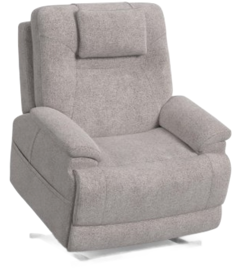 Tan upholstered lift recliner chair with headrest and padded arms.