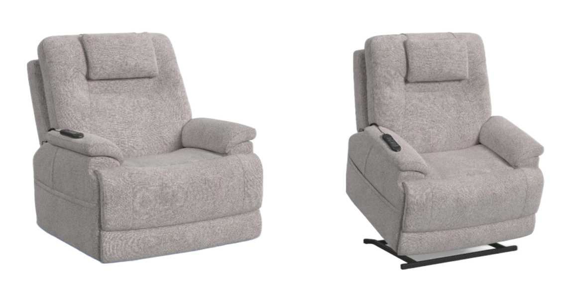 Tan upholstered lift recliner chair with headrest and padded arms.