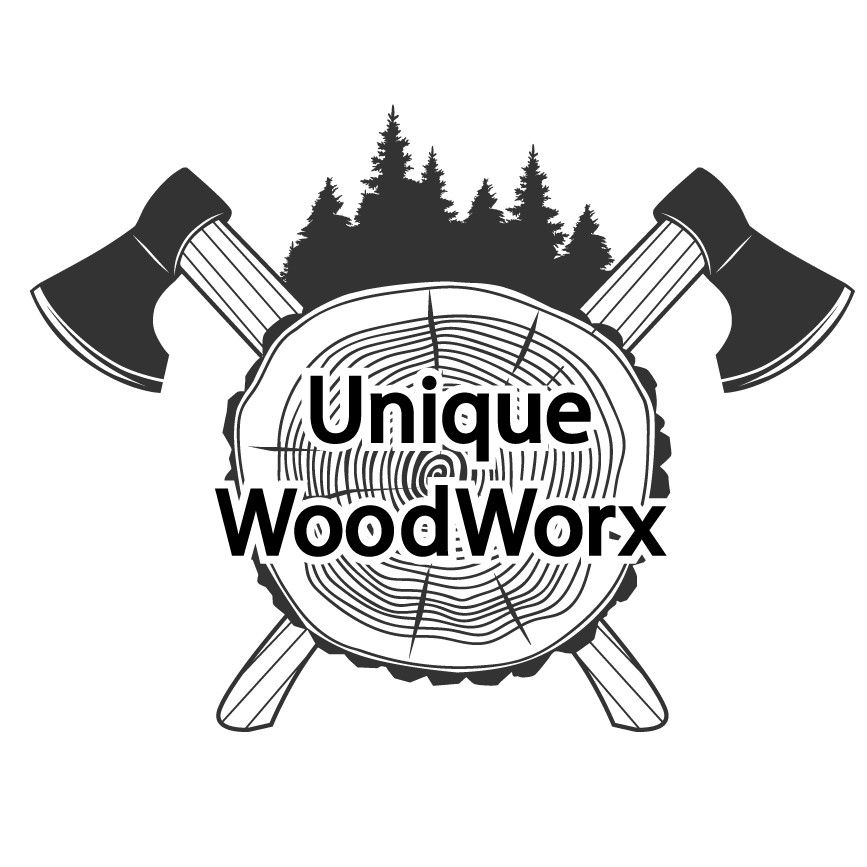 A black and white logo featuring a stylized tree stump with the text ‘Unique WoodWorx’ in the center