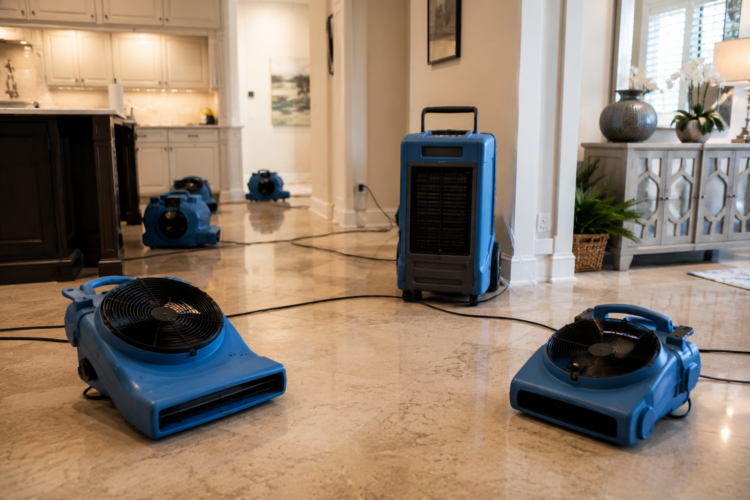 Blue air movers and a dehumidifier set up in a flooded room for water damage cleanup