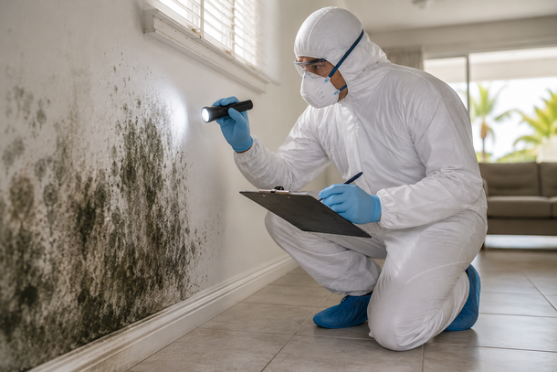 A professional in protective gear and a respirator inspects severe mold growth on an interior wall with a flashlight.