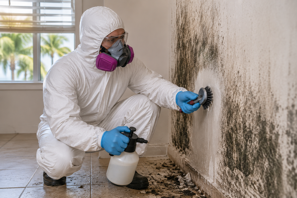 A person in protective gear and a respirator uses a vacuum hose to clean mold from an exposed interior wall.