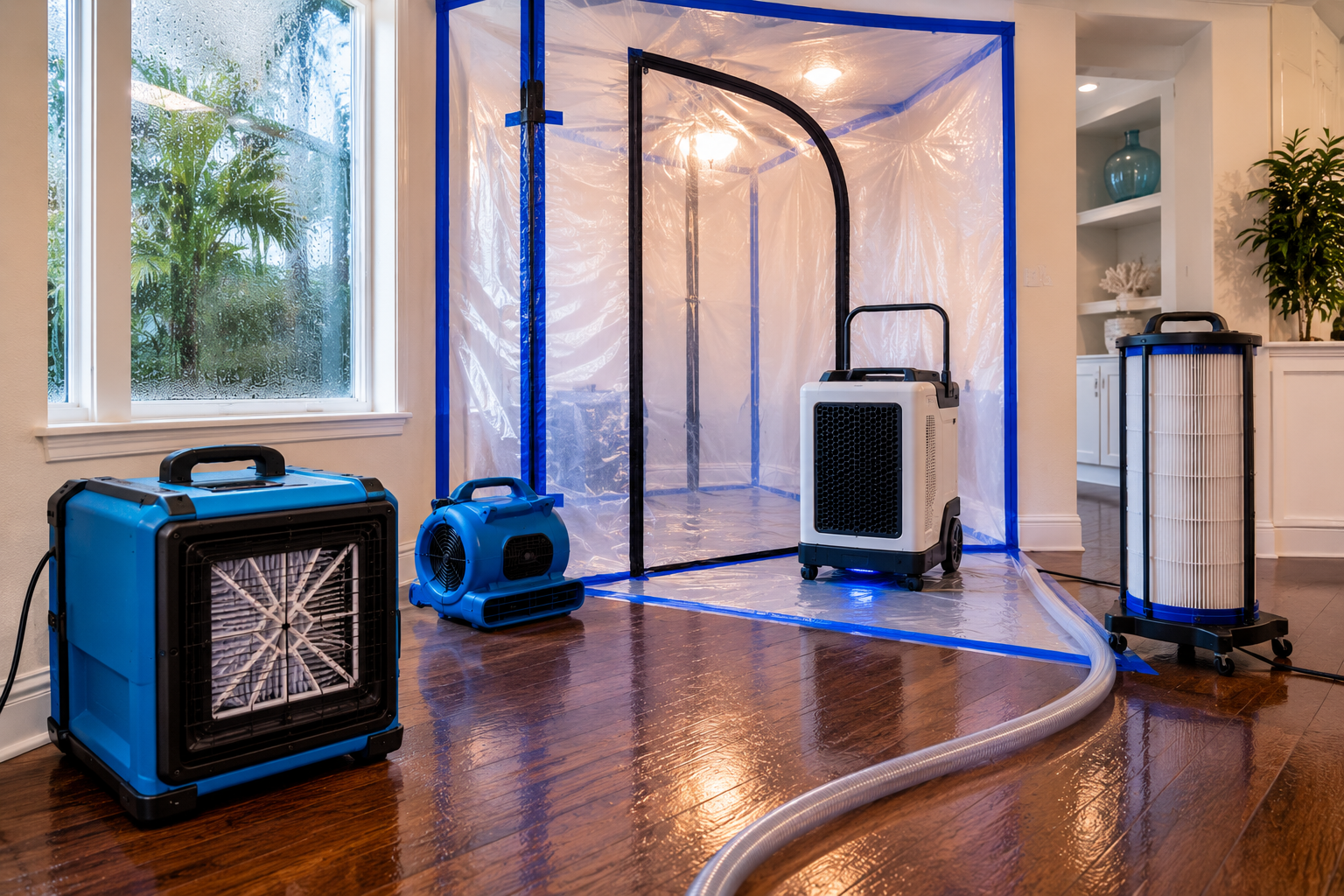 Two portable air movers drying a wet hardwood floor in a bright room