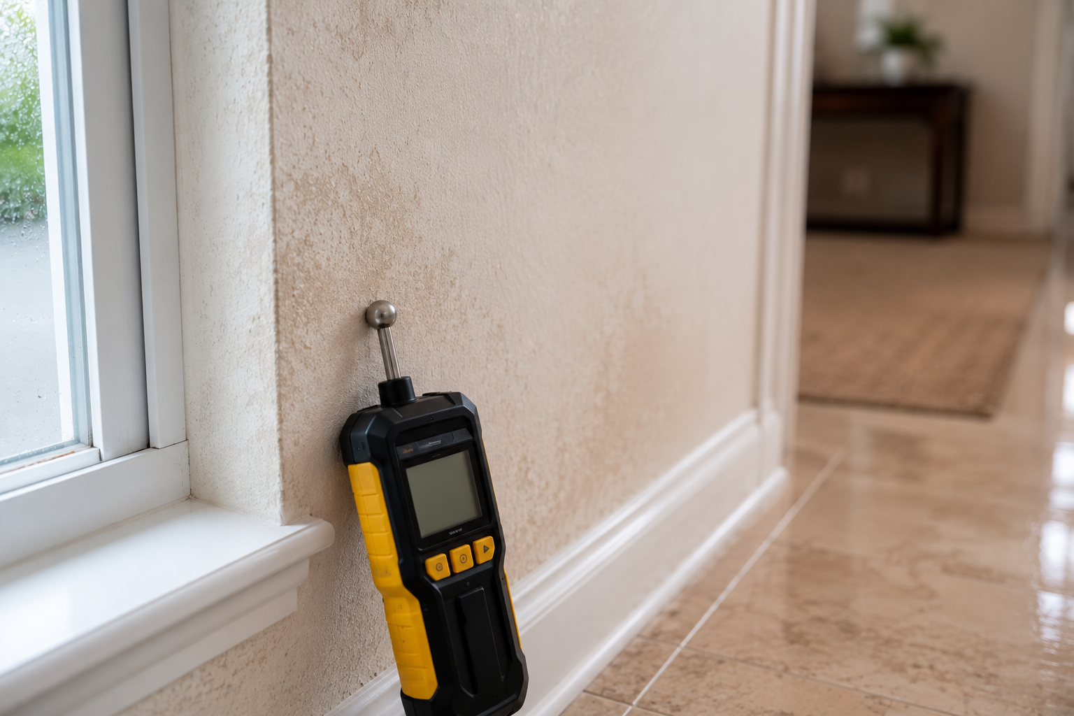 Handheld mold detector leaning against a wall beside a window in a hallway