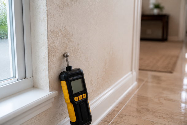 Handheld mold detector leaning against a wall beside a window in a hallway