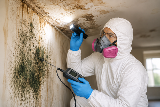 A worker in a white hazmat suit and respirator tests for mold on a damaged ceiling with a handheld air sampling device.